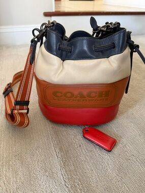 Coach Colorblock Leather Bucket Bag in Orange, Tan, Cream & Black-Rare